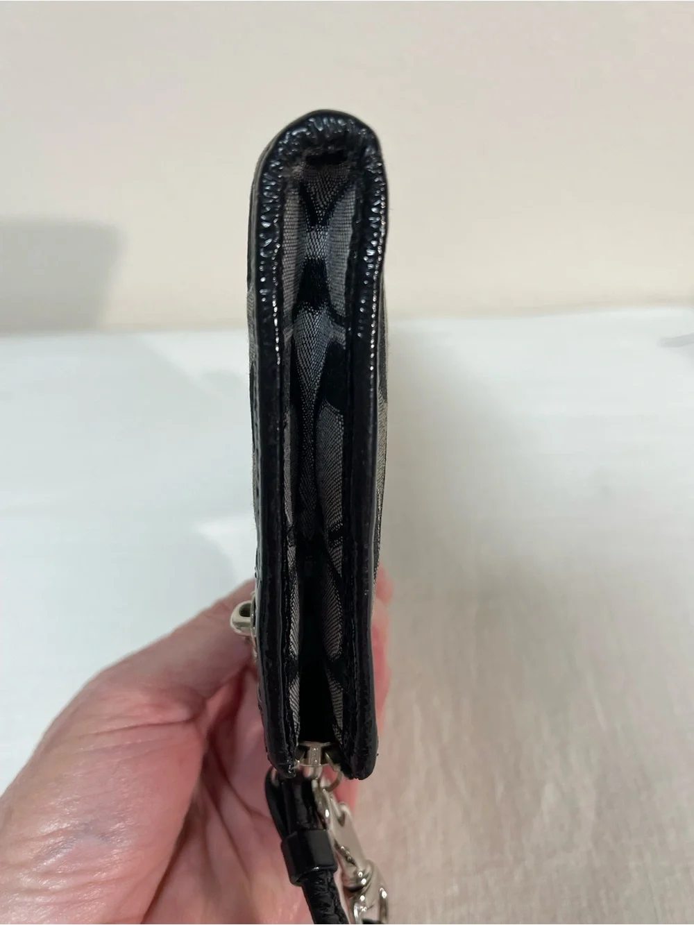 Coach Poppy Black and Gray Signature Wallet Wristlet with Leather Trim